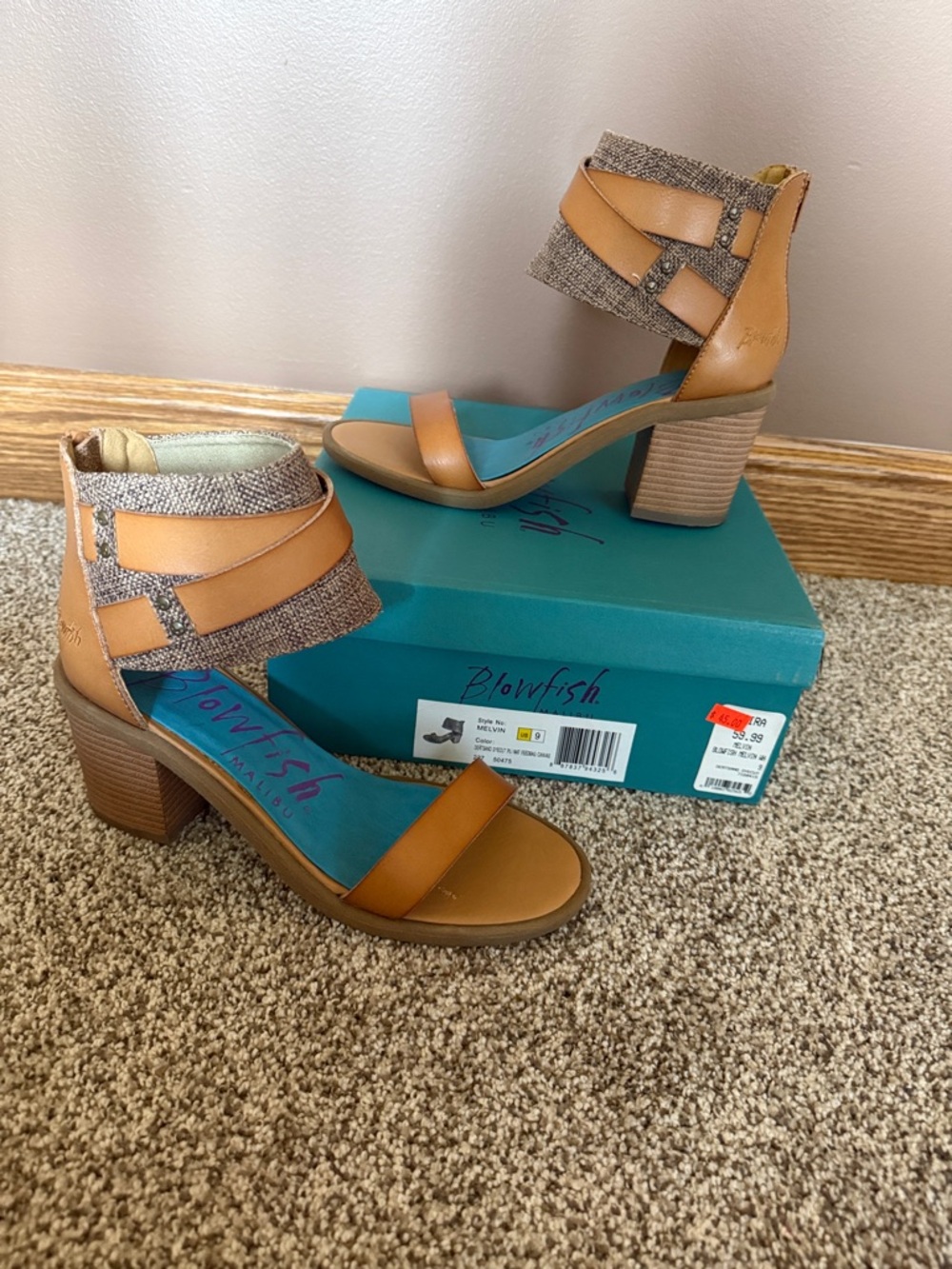 Blowfish Tan Leather & Tweed Block Heel Sandals